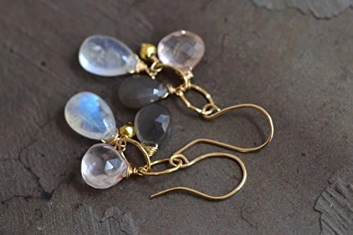 14kt Gold Moonstone Rose Quartz Grey Moonstone Pyrite Cluster Dangle Earrings