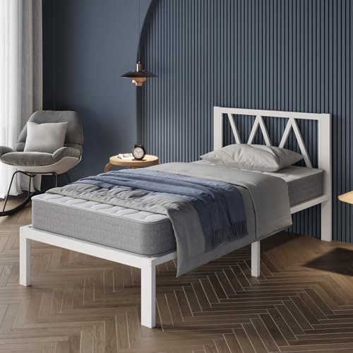 Avenco 14 Inch Twin Bed Frame with Headboard, White Metal Platform Bed Frame, T…