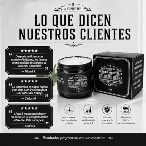 Bálsamo Activador de Crecimiento de Barba con Biotina Alta Concentración y Bergamota 20% | Estimulante para Hombres | Hace Crecer Vello Facial donde no había | Cierra Huecos y da Densidad | Tratamiento 1 Mes