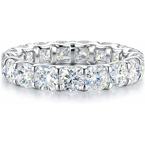 Lunar Belle Cushion Cut Moissanite Eternity Ring for Women, 925 Sterling Silver Wedding Band, 4mm Square Cushion (each stone