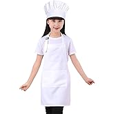 Hovoten Kids Chef Hat And Apron Set For Cooking Baking Painting, Adjustable Kids Aprons And Chef Hats Set, White