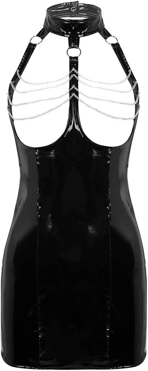 TiaoBug Women's One Piece Faux Leather Halter Bodycon Tassels Clubwear Wet Look Mini Dress: Clothing