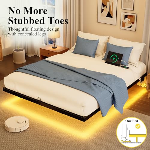 Floating Bed Frame King Size with Smart LED Lights and Charging Station, Heavy Duty Modern Metal Platform Bed No Box Spring Needed - Easy Assembly and Noise Free