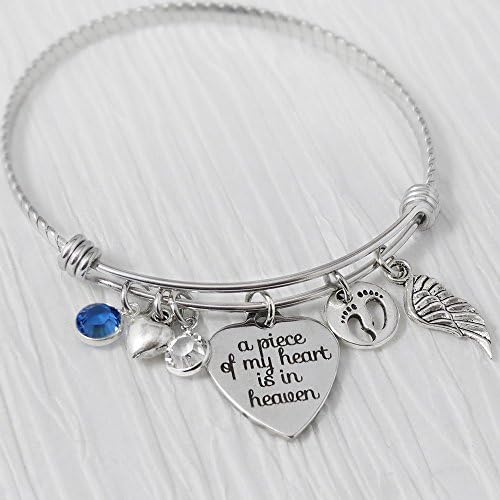 Infant Loss Memorial Bangle Bracelet Jewelry, A piece of my heart is in heaven Bracelet, Expandable Charm Bracelet, Angel Wing Jewelry, Footprint Charm, Remembrance Birthstones, Baby