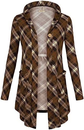 Bebonnie Women's Long Sleeve V Neck Plaid Hooded Cardigan Open Front One-Button Pockets Knit Wrap Coat