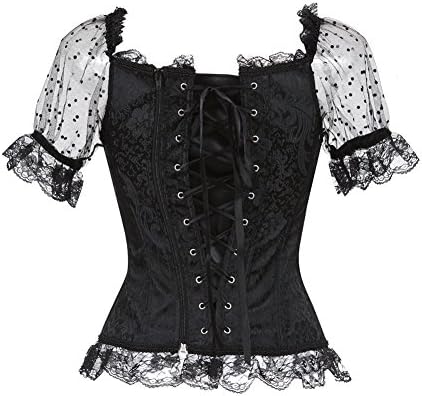 RGA Women's Short Sleeve Retro Steampunk Gothic Bustier Jacquard Corset Top Vintage Brocade Lace Up Waist Cincher (L(waist 28"), Black)