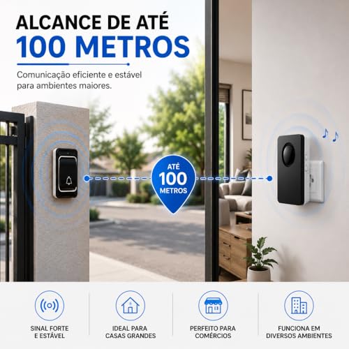 Campainha Sem Fio Bivolt à Prova d’Água Premium | 38 Toques | Alcance até 100m | Uso Residencial, Comercial ou Emergencial – Preto