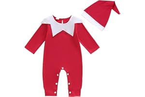 Springcmy Infant Baby My First Christmas Romper Christmas Elf Santa Claus Long Sleeve Jumpsuit + XMAS Hat Bodysuit 2pcs Sets