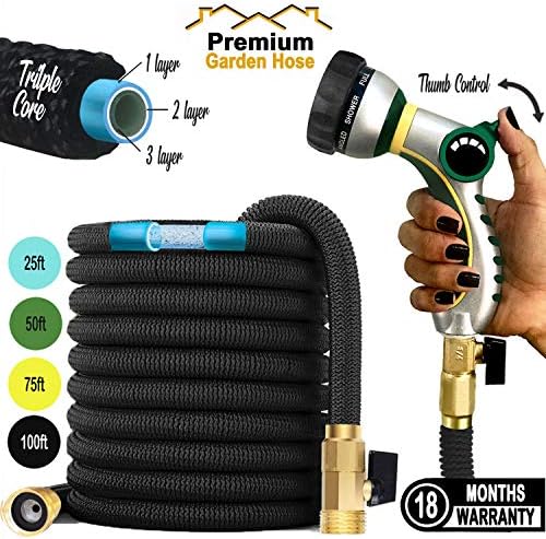 Premium Garden Hose: 2020 Expandable Hose Retractable No Kink Triple Layer Latex Water Hose with 3/4" Brass Connectors and 8 Pattern Spray Nozzle - 100ft