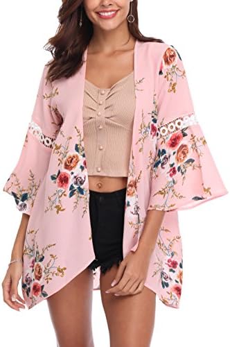 LYHNMW Womens Sheer Chiffon Floral Kimono Cardigan Loose Cover Ups Tops Outwear