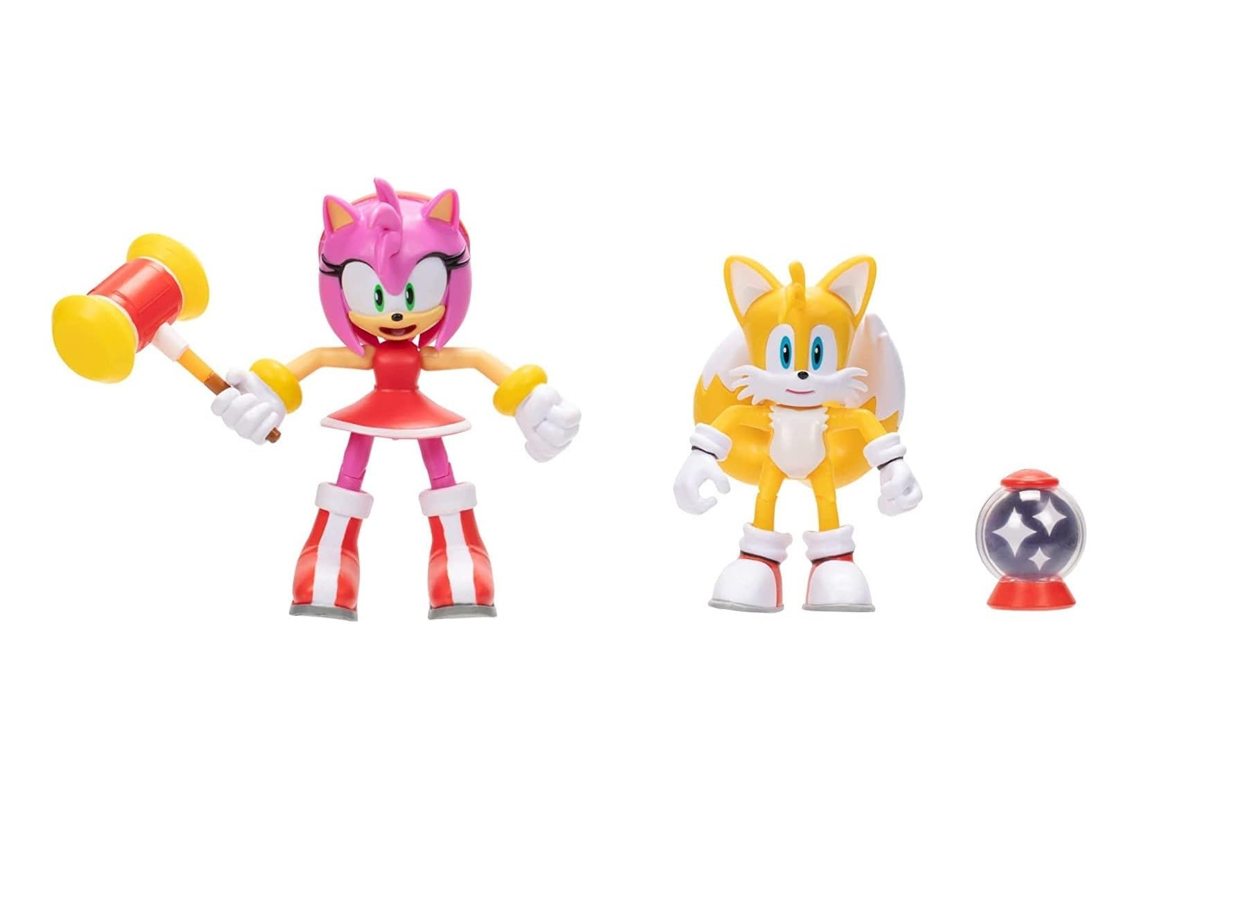 Sonic The Hedgehog 4 Inch Articulated Action Figures, Includes Modern Tails and Modern Amy and Invincible Item Box and Hammer Accessories