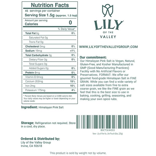 LILY OF THE VALLEY PINK HIMALAYAN SALT – FINE GRAIN – IDEAL FOR COOKING, BAKING AND GRILLING – FOOD GRADE WITH 84 TRACE MINERALS – VEGAN & GLUTEN-FREE – (8OZ, 226G)