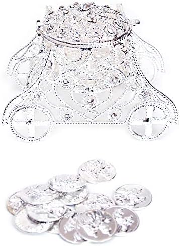 Elegant Silver Rhinestone Carriage Wedding Arras with 13 Coins Set 3.5" X 2" X 2.4"
