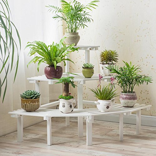 MAGSHION 3 Tier White Wood Planter Stand Garden Shelf Stand Corner Shelf Rack - 2 Size (Corner)