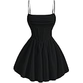 SHENHE Women's Ruched Corset Dress Spaghetti Strap Fit and Flare Flowy Skater Mini Cami Dress