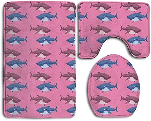 Quen Two Colored SHARK Pattern Bathroom Carpet Rug,Non-Slip 3 Piece Bathroom Mat Set