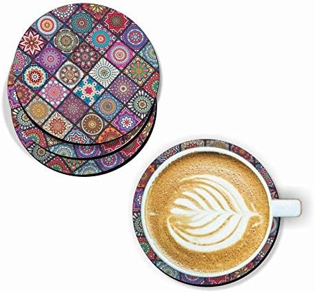 FRIENDS OFFICE AUTOMATION Handmade Mandala Pattern Wooden Coaster Set for Home Kitchen, Office Desk (Set of 6, 4 inch)