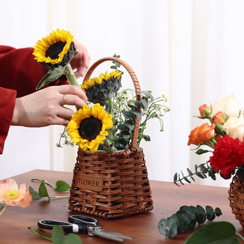 Set of 4 Flower Basket with Handle, QENUIITEA Imitation Rattan Woven Picnic Basket with Plastic Waterproof Lining, Flower Girl Baskets for Wedding Valentine\'s Day, Storage Basket for Home Decor
