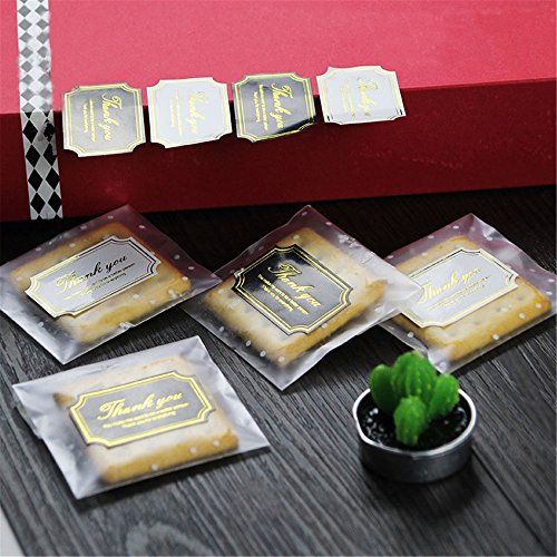 Felice Arts White Dots Self Adhesive Plastic Cookie Bags For Gift Giving 4x4 Inch 100 Bags+100 Thank You Labels