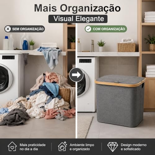 Cesto de Roupa Suja Dobrável com Tampa, Organizador para Lavanderia, Banheiro e Quarto