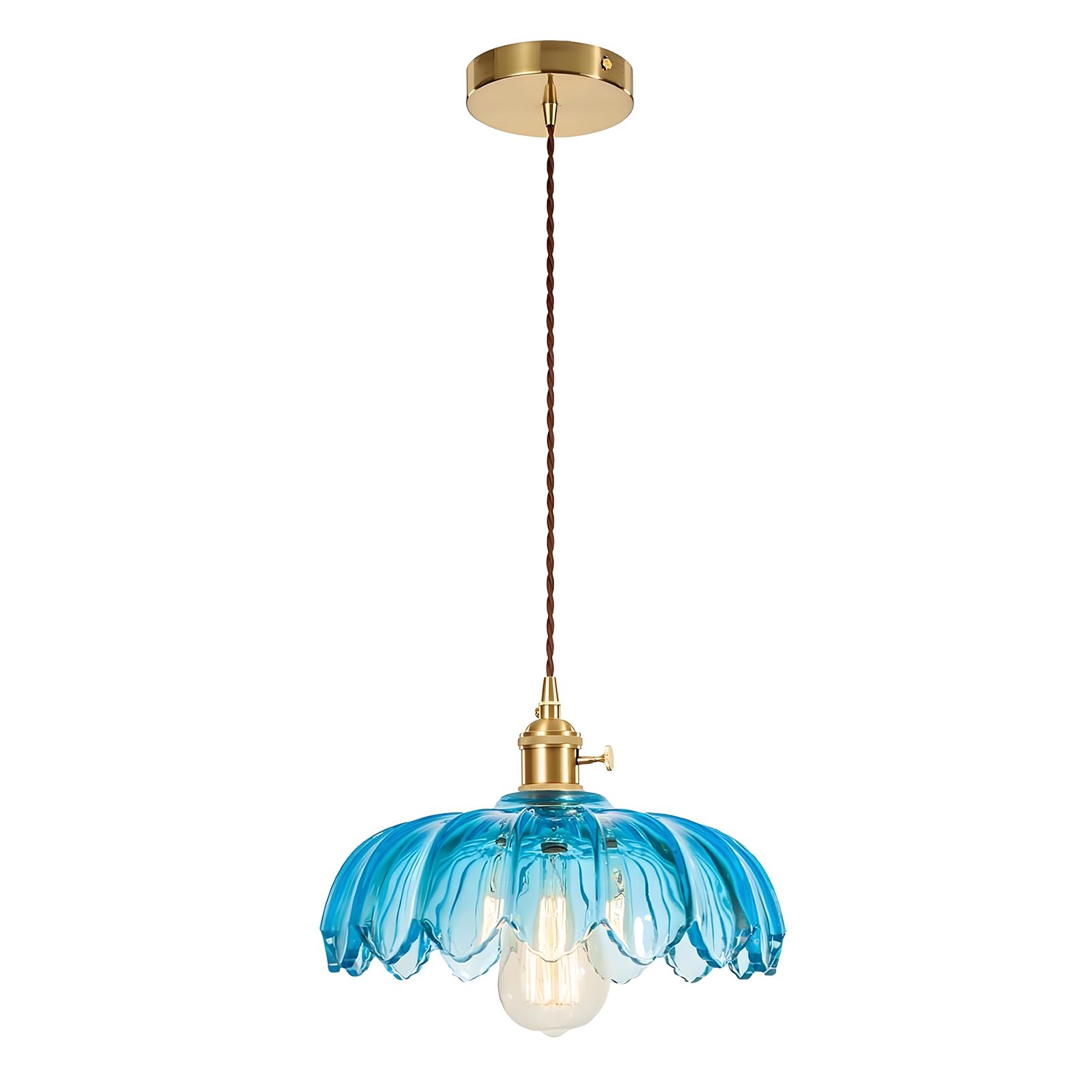 Svetilnikya Vintage Pendant Light, Glass Lotus Lamp Shade for Kitchen Island Farmhouse Living Room Hanging Ceiling Lights Retro Brass Drop Ceiling Lamp (Blue)