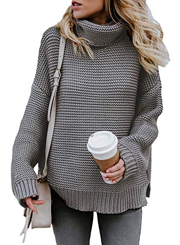 Tiksawon Juniors Plus Size Knitwear Rib Loose Fit Side Slit Full Sleeve Solid Loose Fit Sweaters Tops Jumper Pullover Gray XL