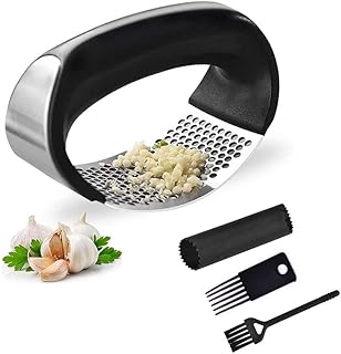 Feliciay Knoblauchpresse, Wippe, Edelstahl, Ingwer-Crusher, Küchenhelfer mit ergonomischem Griff, Silikonrohrschäler und Reinigungsbürste, Werkzeug-Set, professionell, manuelle Röster