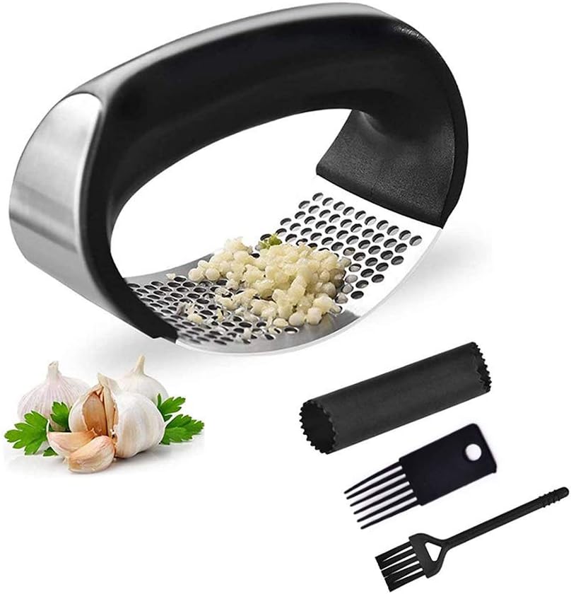 Feliciay Knoblauchpresse, Wippe, Edelstahl, Ingwer-Crusher, Küchenhelfer mit ergonomischem Griff, Silikonrohrschäler und Reinigungsbürste, Werkzeug-Set, professionell, manuelle Röster