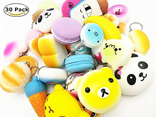 30 Pcs Squishy Toys Value Pack, Mixed Small &amp; Medium Squishy Toys Key Chains for kids gift, Party favors, Random Donuts, Bread, Sushi, Macaroon, Bun, etc.
