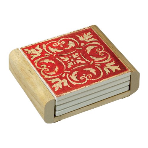 CounterArt Spanish Tiles-Red Absorbent Coasters in Wooden Holder, Set of 4