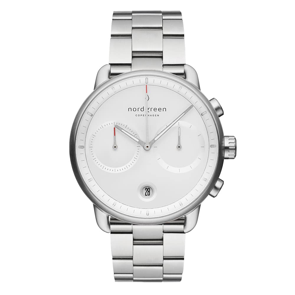 Nordgreen Pioneer Set Scandinavian Silver Men's Chronograph Analogue 42mm Watch with 3 Straps Silver 3-Link & Black & Brown Leather Straps