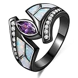 Jiangyue Lady Rings White Fire Opal Purple Cubic Zirconia Black Plated Flower Leaf Bypass Party Jewelry Size 5-10