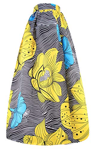 Novia's Choice Women African Floral Print Pleated High Waist Maxi Long A-Line Skirt(Big Yellow Flower M) - Thumbnail 3