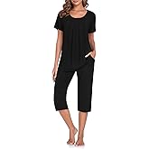 TAOHUADAO Women's Pajamas Set with 2 Pockets Capri Pants with Short Sleeve Top Ladies Sleepwear