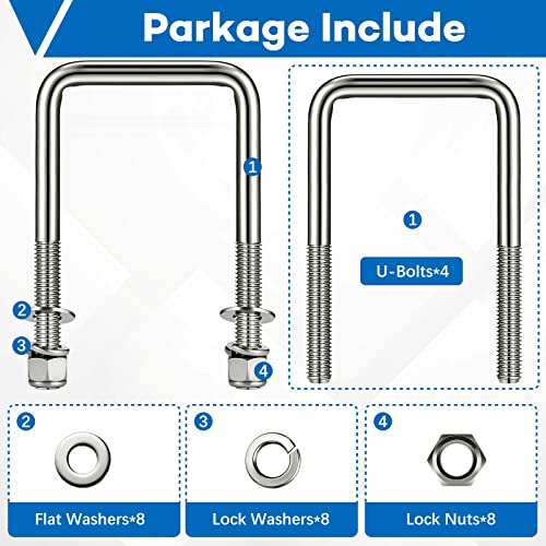 6Pack Square U-Bolts Stainless Steel U Bolts 4" Inner Width Boat Trailer Ubolts