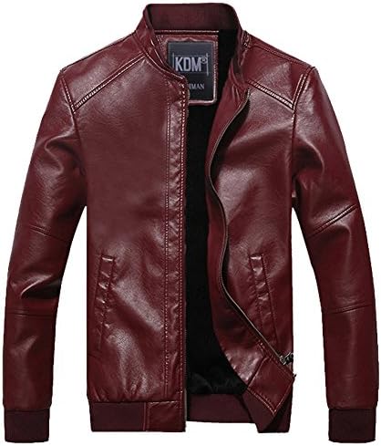 DUNKINBO Men's Vintage Stand Collar Faux Leather Jacket Coat (Dark red,L)