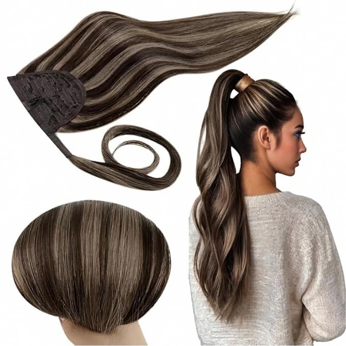 RUNATURE Ponytail Extension Human Hair Dark Brown Highlights Light Brown Remy Ponytail Extension Real Hair Straight Clip in Ponytail Hair Extension 100 Gram 22 Inch — image 1