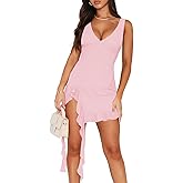 Pungdra Womens Sexy Deep V Neck Mini Dress for Women Y2K Side Slit Going Out Cocktail Wedding Party Ruffle Short Dresses