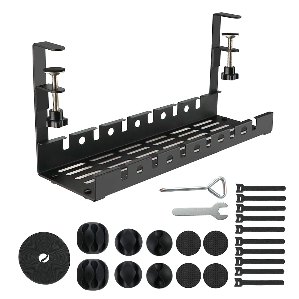 Cable Management without Drilling, Under Desk Cable Tray with Clamp, Wire Management Tray Kit Cord Organizer Under Standing Desk, Steel Desk Cable Rack Basket for Storing Extension Leads & Plugs