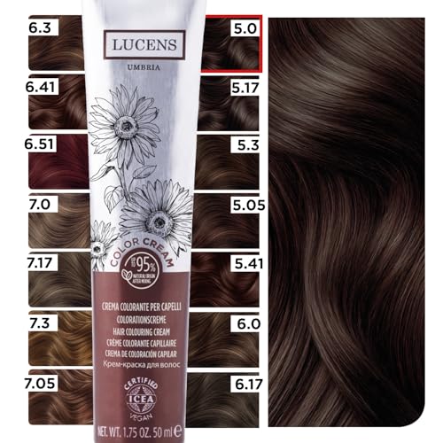 Lucens Umbria - 5.0 Light Brown, Ammonia-Free Hair Dye, Vegan Permanent Colouring Kit with Natural Extracts, Soothing, Moisturizing and Protective Action