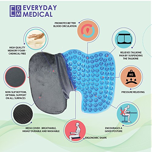 Everyday Medical Orthopedic Memory Foam Cushion, Coccyx Cushion For Wheelchair/ Car Seat/Office Chair, Back Posture Support Cushion, Cool Gel Cushion Relieves Pain in Lower Back, Coccyx, Sciatica