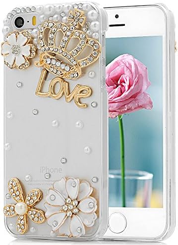 iPhone SE Case,iPhone 5S / 5 Case - Mavis's Diary 3D Handmade Bling Crystal Golden Crown Lovely Flowers with Shiny Sparkle Rhinestone Diamond White Pearls Clear Case Hard Cover for iPhone SE/ 5S/ 5