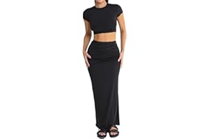 LYBIOGS Two Piece Skirt Set for Women 2 PC Y2K Outfits Short Sleeve Crop Tops Bodycon High Waist Long Maxi Skirts