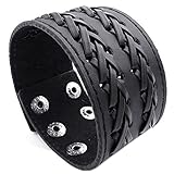 KONOV Mens Leather Bracelet, Wide Cuff Bangle, Fit 7-8.5 inch, Black