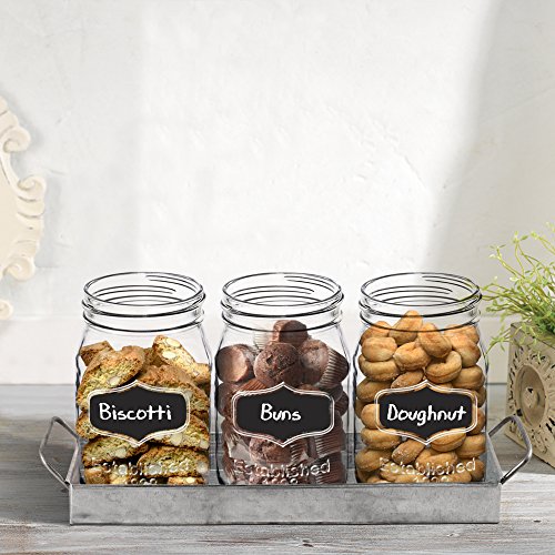 3 Glass Mason Jars with Black Chalk Label - 17 Ounces Clear Chalkboard Mugs on Galvanized Caddy with Handle - Home and Party Drinkware Set, Utensil Organizer, Vintage Rustic Decor Set