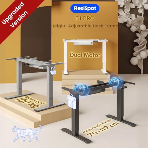FLEXISPOT Height Adjustable Desk Frame, Electric Table Legs with 2 Motors, LED Height Display, 4 Memory Functions, with 2 Hooks and Cable Management, White