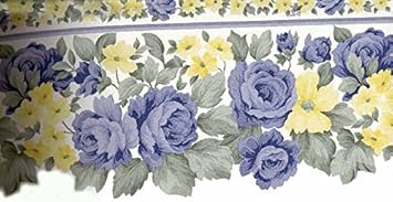 7 In X 15 Ft Prepasted Wallpaper Borders Blue Roses Yellow Flowers Wall Paper Border Amazon Com