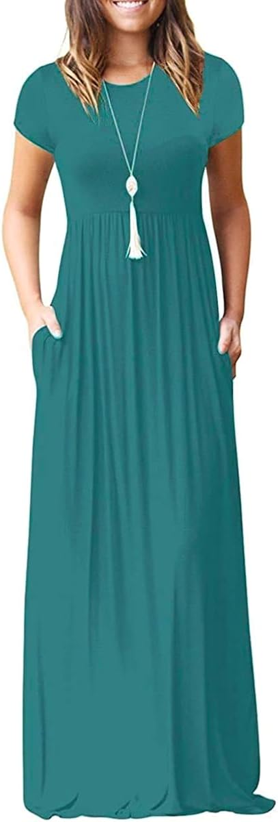 DEARCASE Women Short Sleeve Loose Plain Maxi Dresses Casual Long Dresses with Pockets