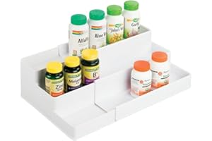 mDesign Plastic Expandable 3-Tier Shelf Rack Organizer - Storage for Bathroom Vanity, Cabinet, Cupboard, Drawer - Holds Medicine, Vitamins, Supplements, Cosmetics - Ligne Collection - White