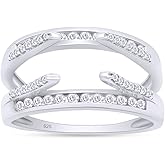 Round Cut White Cubic Zirconia Solitaire Chevron Double Enhancer Guard Ring, 14K White Gold Over Sterling Silver, Elegant Wedding Jewelry for Women